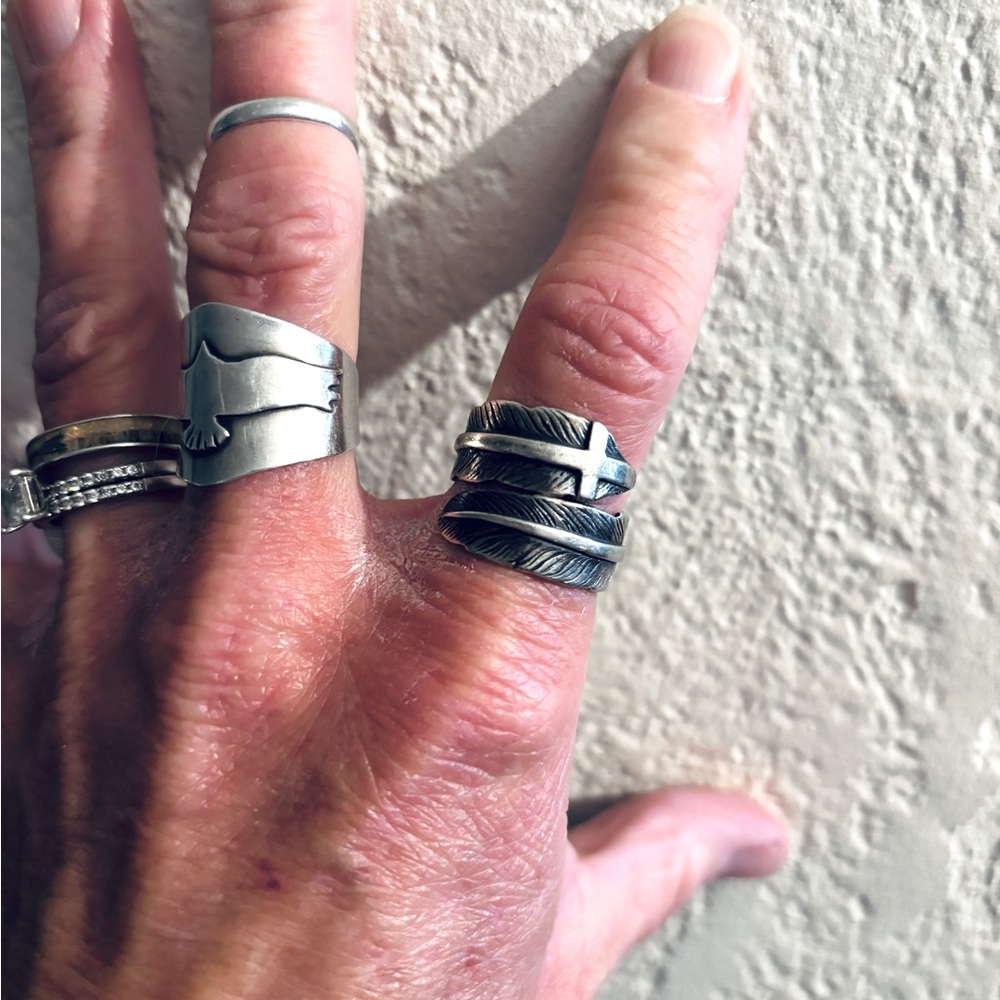 Feather Cross Sterling Silver Ring - image 1